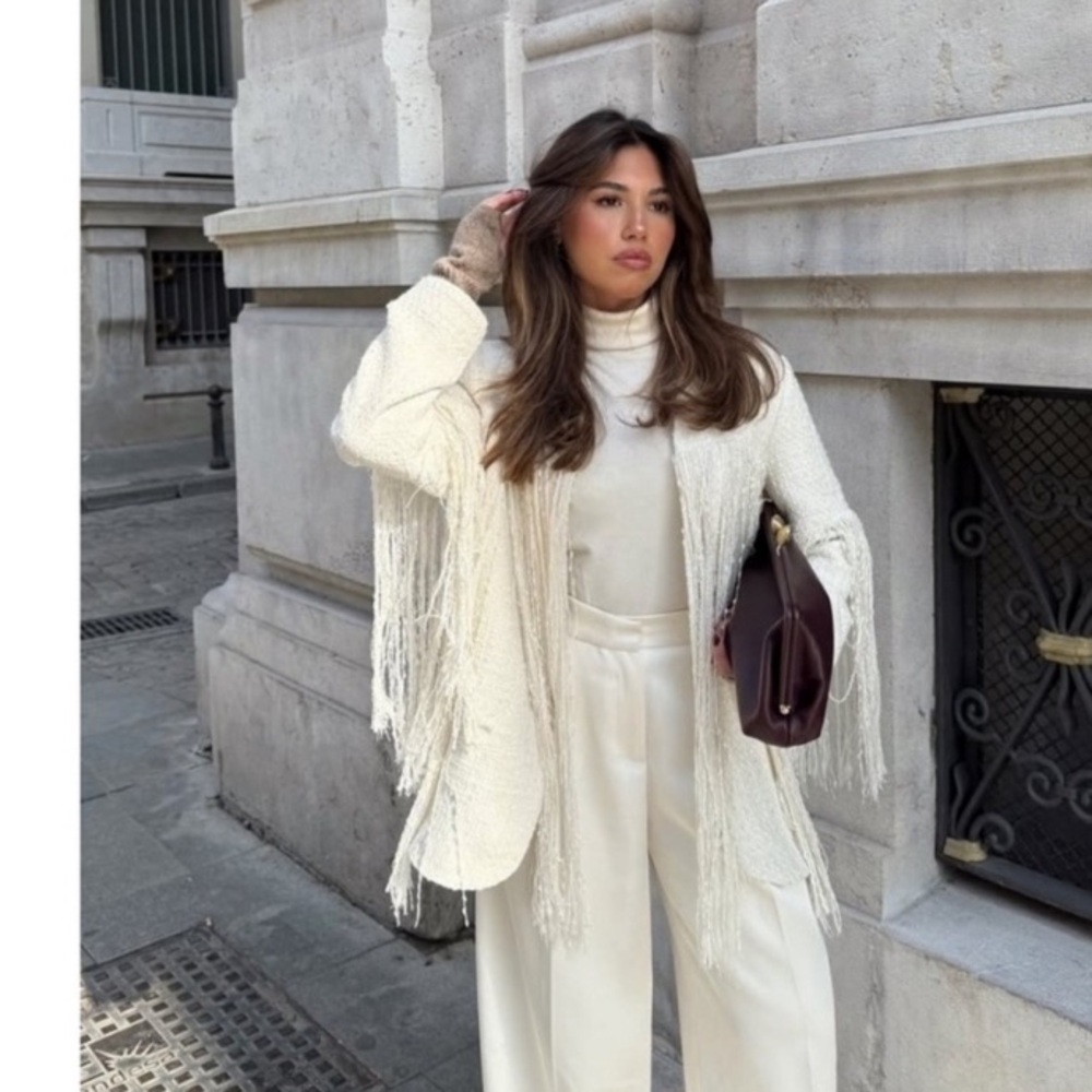 ZARA Ecru Cream Fringe Open Cardigan Tweed Textured Structured Jacket Sze Small - Picture 17 of 17